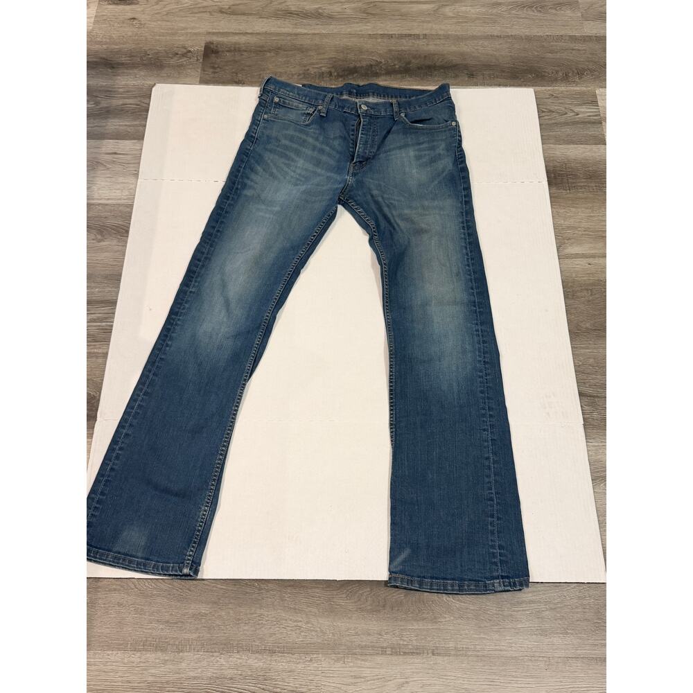 Levis 527 Mens 36x34 Slim Bootcut Jeans Medium Wash Blue Denim Distressed
